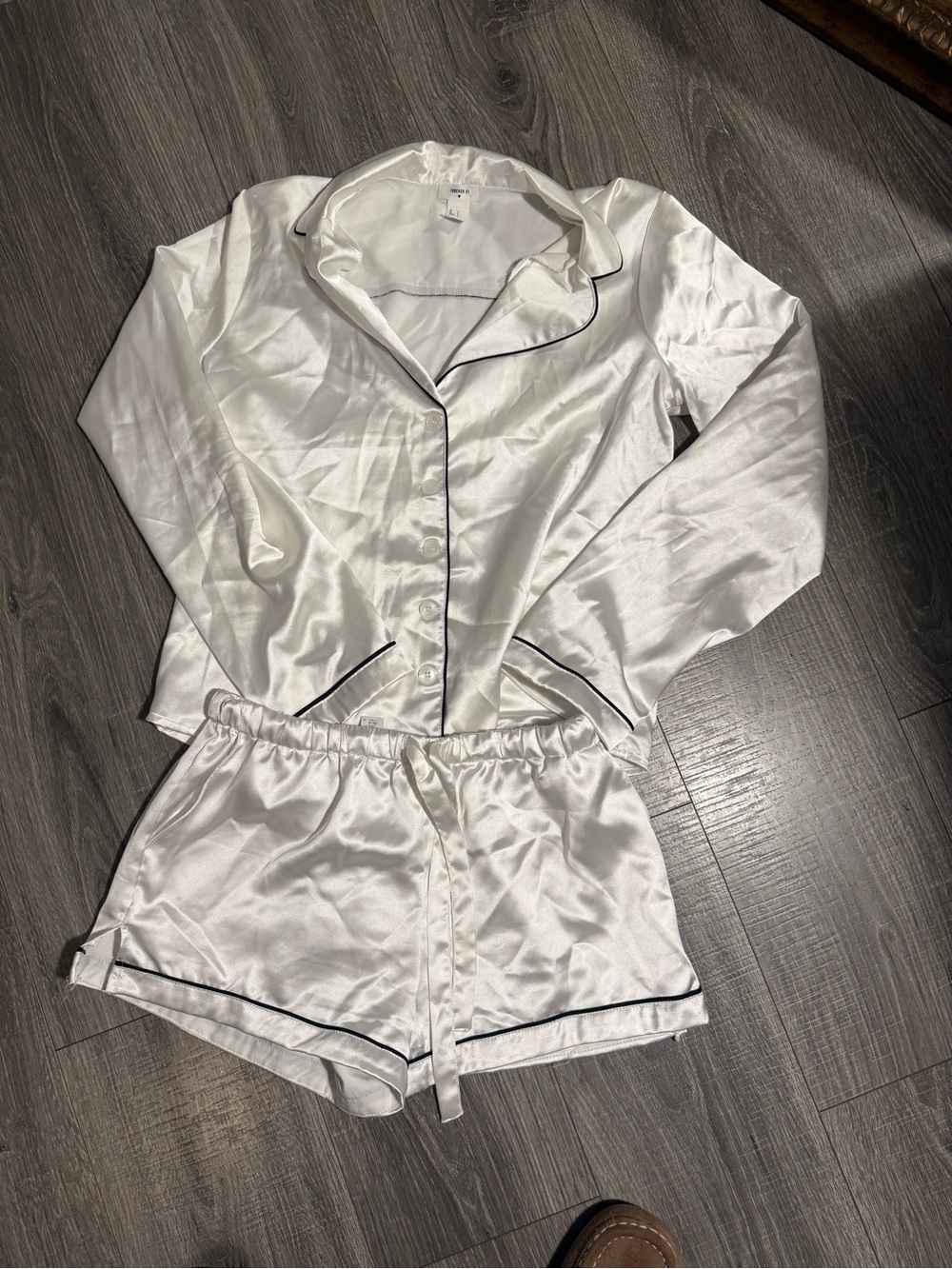 Forever 21 White Satin Pajama Set with Black Piping
